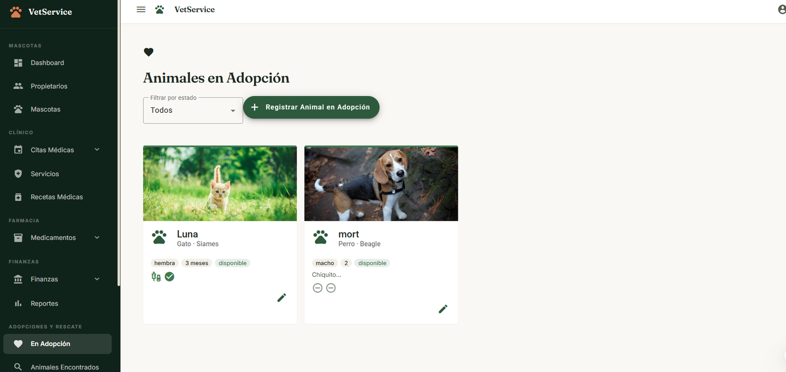 Adopciones visibles en la app