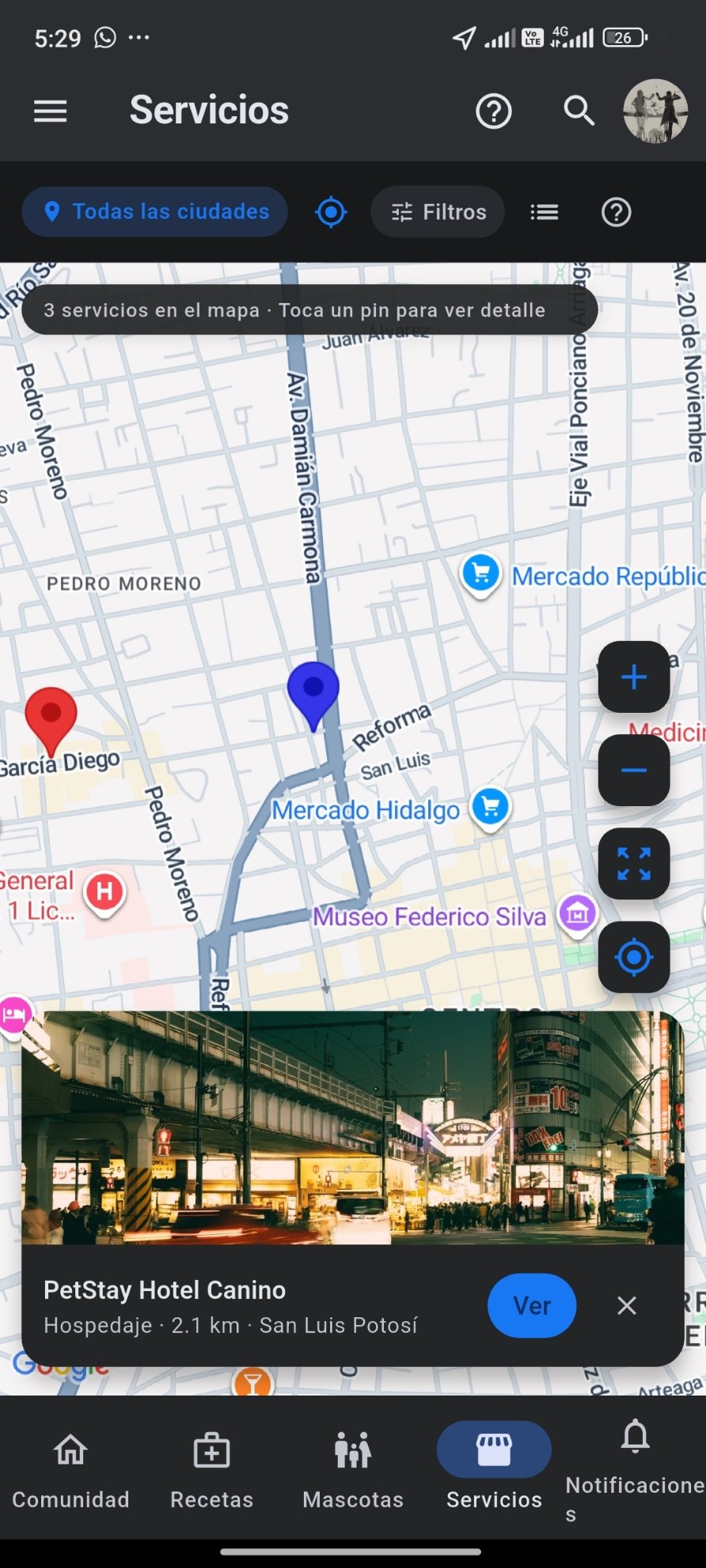 Vista de mapa de servicios en San Luis Potosí — PetStay Hotel Canino